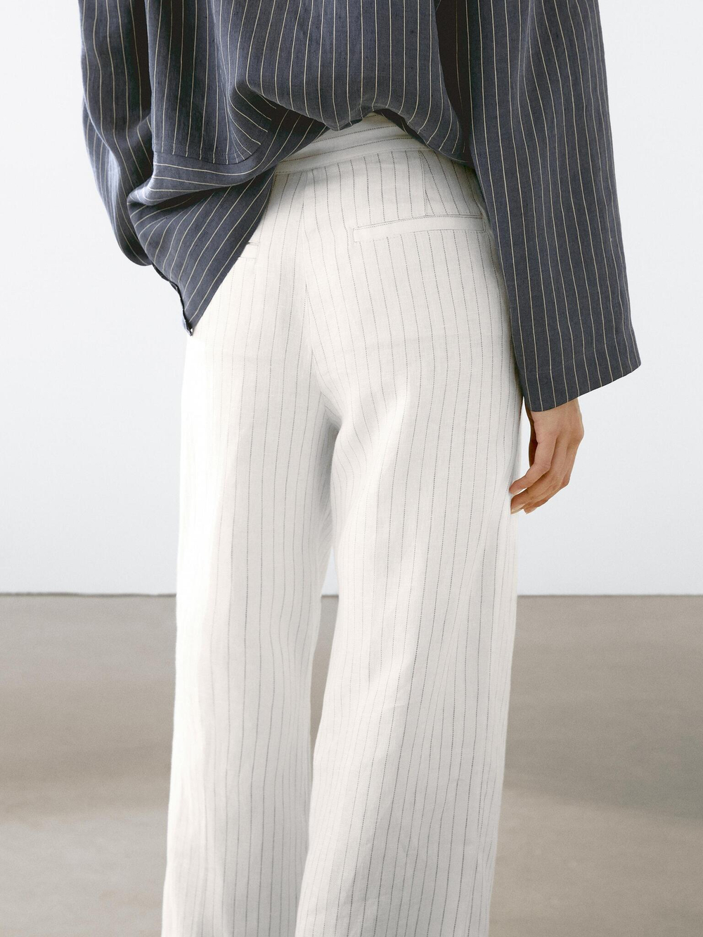 Massimo Dutti Брюки из 100% льна в полоску с пряжкой, белый