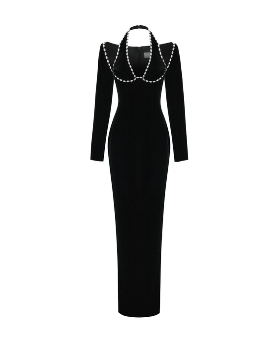 Платье макси из бархата с кристаллами