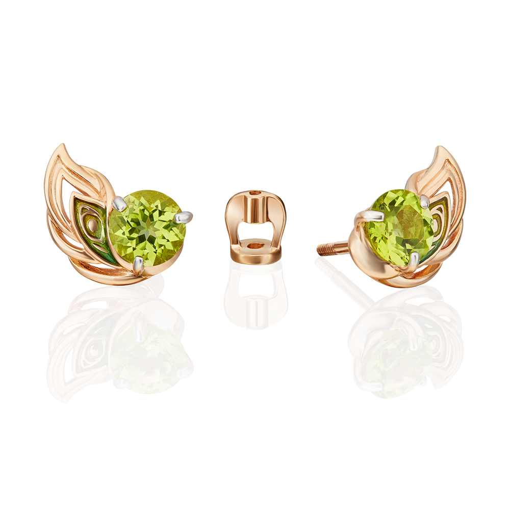 Серьги-пусеты «Преображение» из красного золота с хризолитом и эмалью