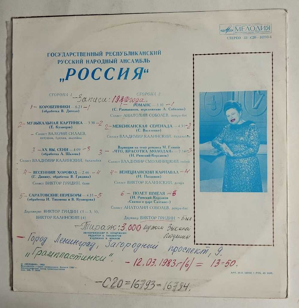 Винтажная виниловая пластинка LP Государственный Республиканский Русский Народный Ансамбль Россия (СССР 1982)