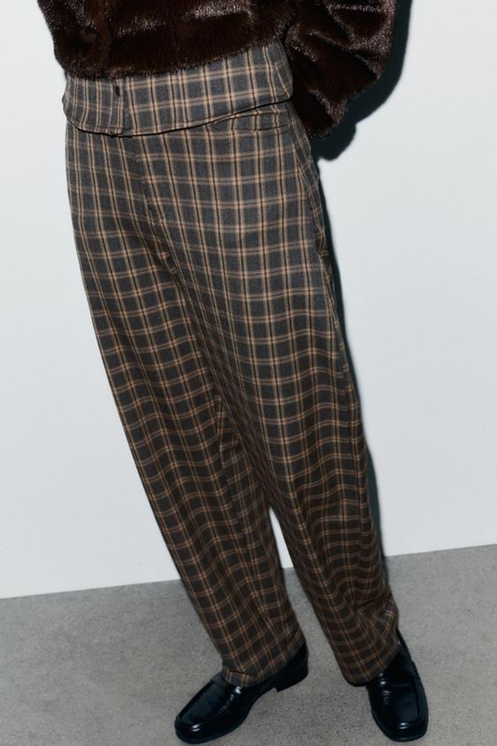 ZARA БРЮКИ BALLOON В КЛЕТКУ, СЕРО-КОРИЧНЕВЫЙ