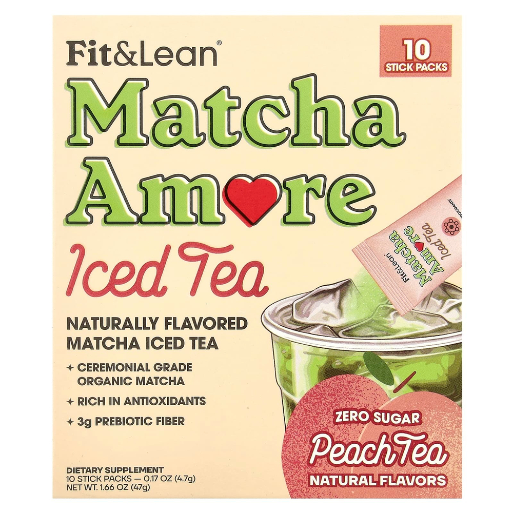 Fit & Lean, Чай со льдом Matcha Amore, персиковый чай, 10 пакетиков в стиках по 4,7 г (0,17 унции)