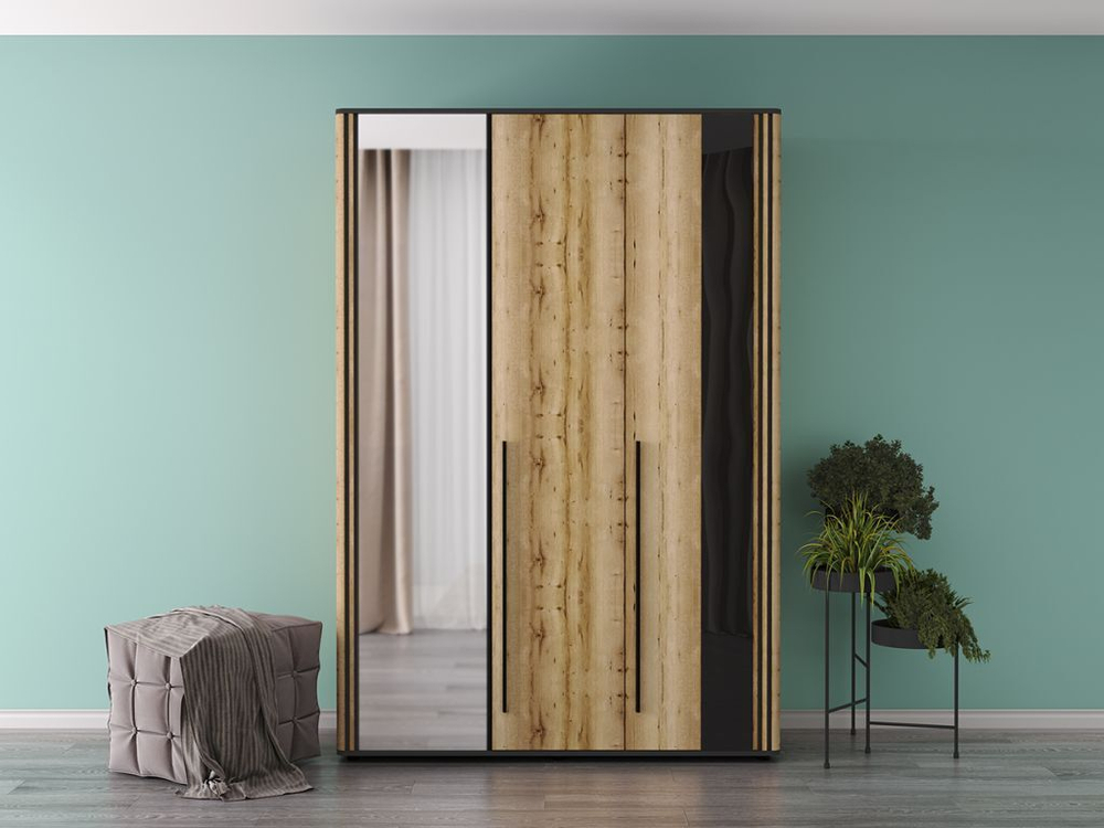 Шкаф для одежды распашной с полками и штангой Дуб Вотан/Черный 150х53х220 см