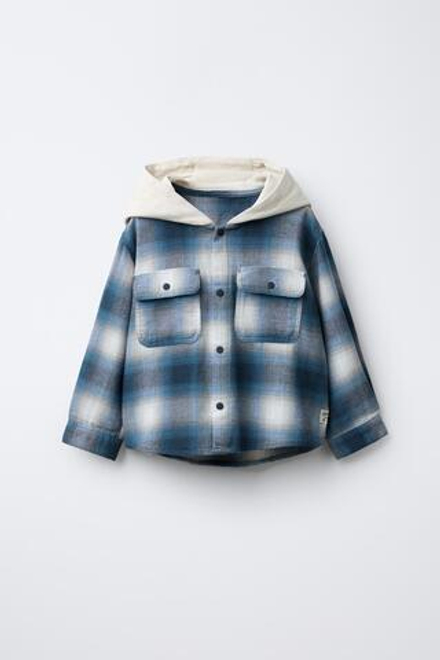 ZARA КУРТКА-РУБАШКА В КЛЕТКУ С КАПЮШОНОМ ИЗ МЯГКОЙ ТКАНИ, СИНИЙ
