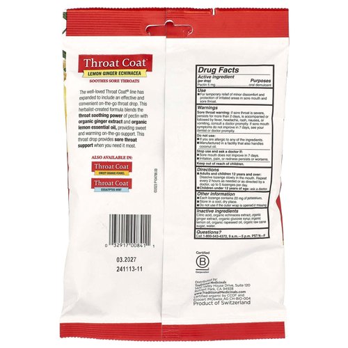 Traditional Medicinals, Organic Throat Coat®, капли для горла с лимоном и имбирем, 30 капель для горла с пектином