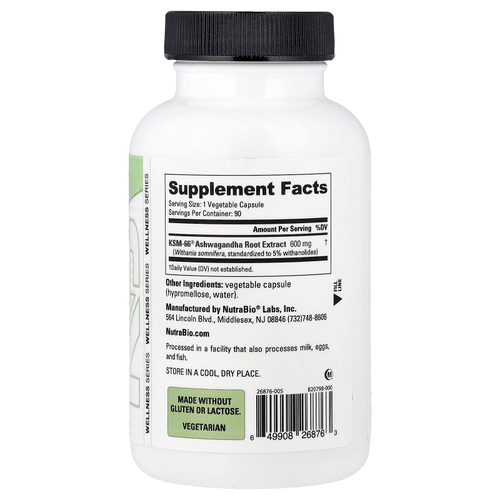 NutraBio, Ашваганда KSM-66, 600 мг, 90 растительных капсул