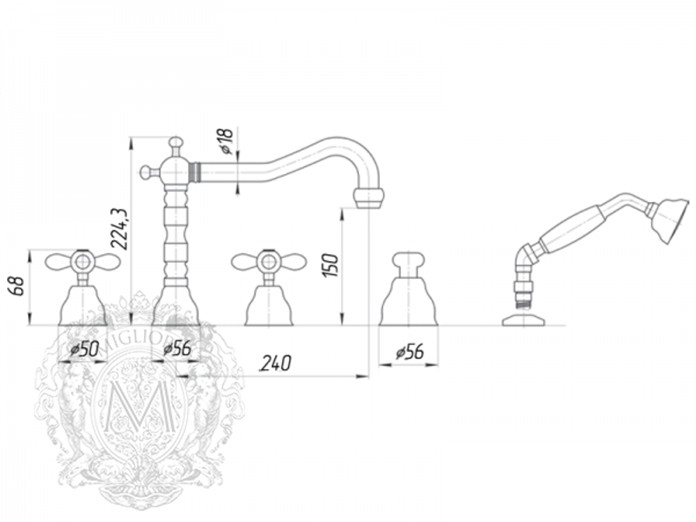 Смеситель на борт ванны на 5 отв. Migliore Princeton Plus ML.PRP-8080 схема