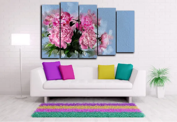 Модульная картина "Пионы на голубом фоне"