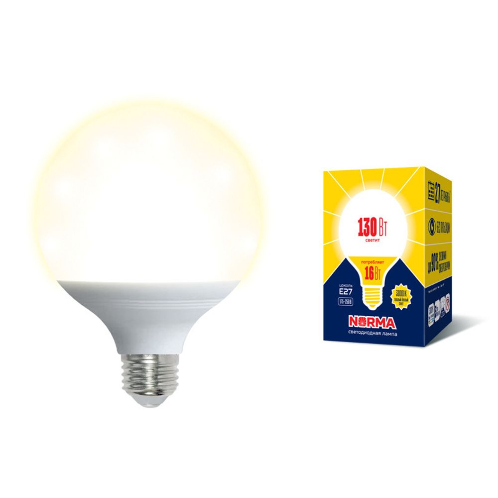 LED-G95-16W/3000K/E27/FR/NR Лампа светодиодная. Форма шар, матовая. Серия Norma. Теплый белый свет (3000K). Картон. ТМ Volpe.