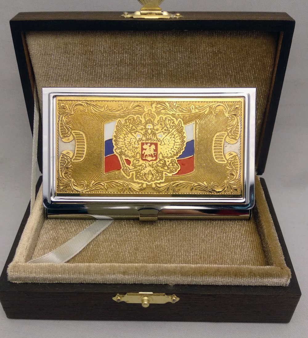 Визитница металлическая персональная "Герб РФ с флагом триколор" с эмалью
