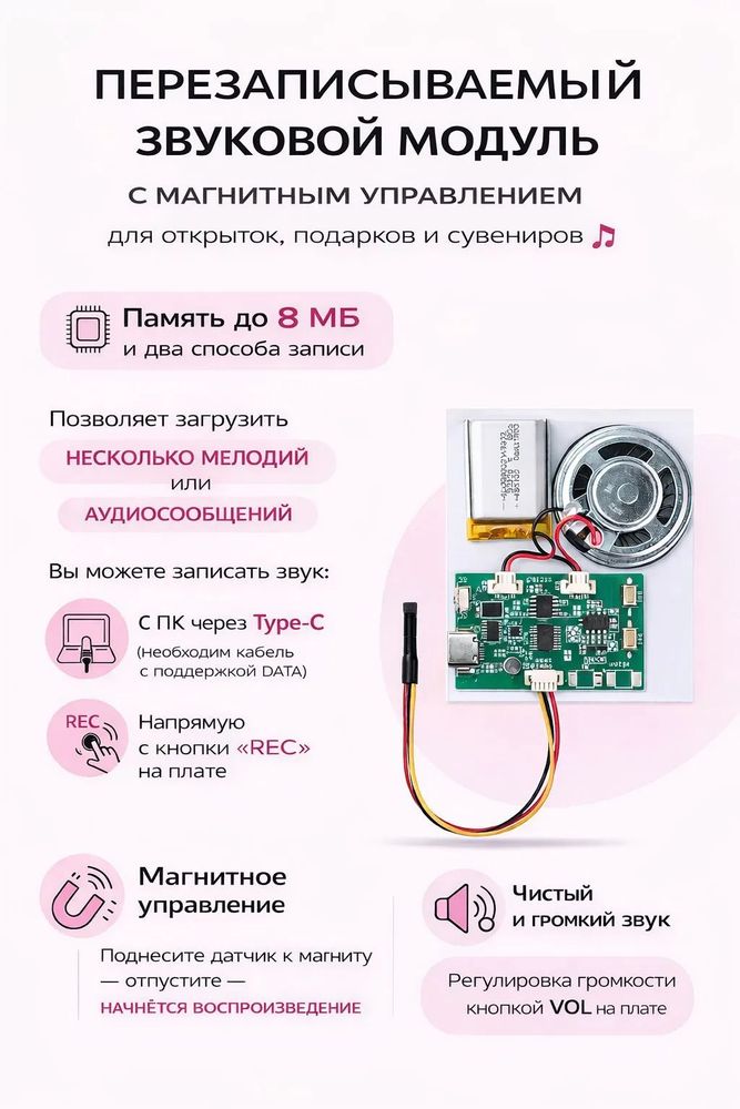 Звуковой модуль для открыток, память 8МБ (запись с ПК и с кнопки) управление магнитом