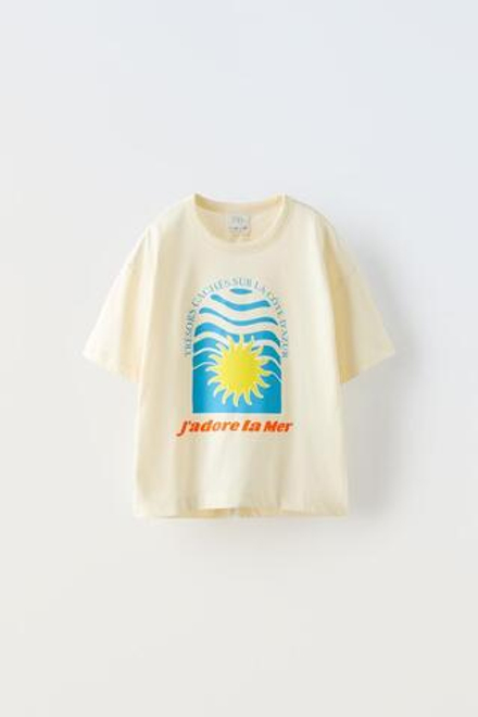 ZARA ФУТБОЛКА С ДЕКОРАТИВНЫМ ВЫРЕЗОМ И ПРИНТОМ «СОЛНЦЕ», ЭКРЮ