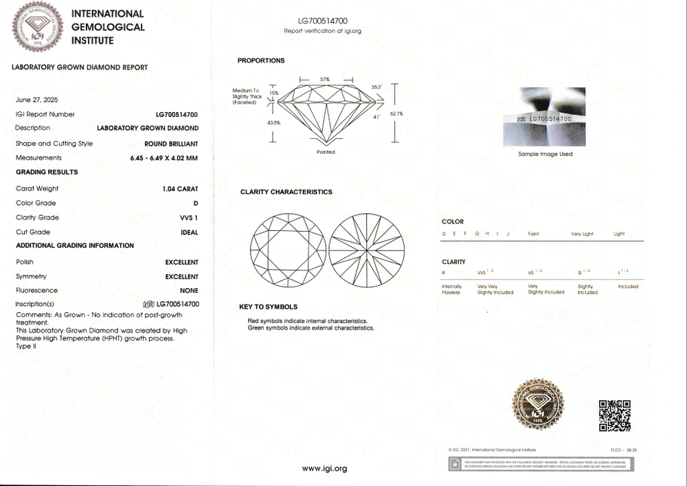 Лабораторно-выращенный бриллиант Кр-57 6.45-6.49 мм D/VVS1 1.04 ct