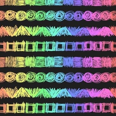 Яркий принт из простых разноцветных элементов нарисованных вручную на черном фоне. Красочный узор.