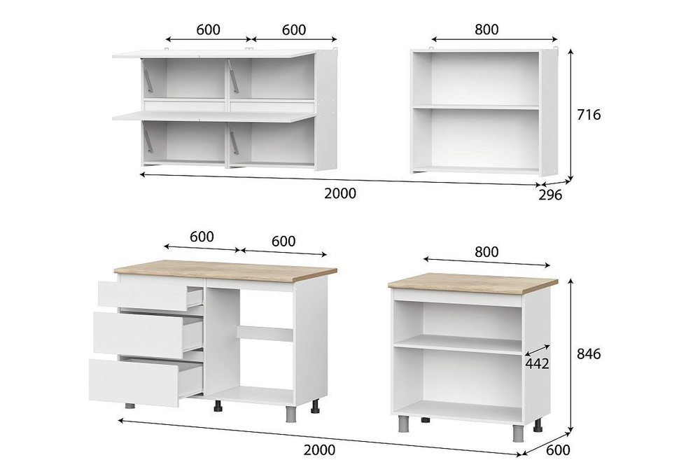 Кухонный гарнитур 2м модульный Белый текстурный/Тростник,200х215 см токио Астрид-Мебель