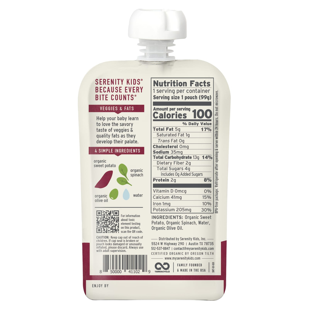 Serenity Kids, Органический батат и шпинат с оливковым маслом, от 6 месяцев, 99 г (3,5 унции)