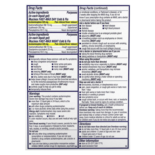 Mucinex, Fast-Max Day/Night, от простуды и гриппа, максимальная сила действия, для детей от 12 лет, 24 капсулы с жидкостью