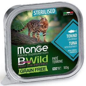 Влажный корм Monge Cat BWild GRAIN FREE для стерилизованных кошек, беззерновой, из тунца с овощами, консервы 100 г