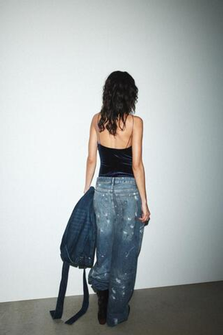 ZARA БАРХАТНОЕ БОДИ НА БРЕТЕЛЯХ, МОРСКОЙ СИНИЙ