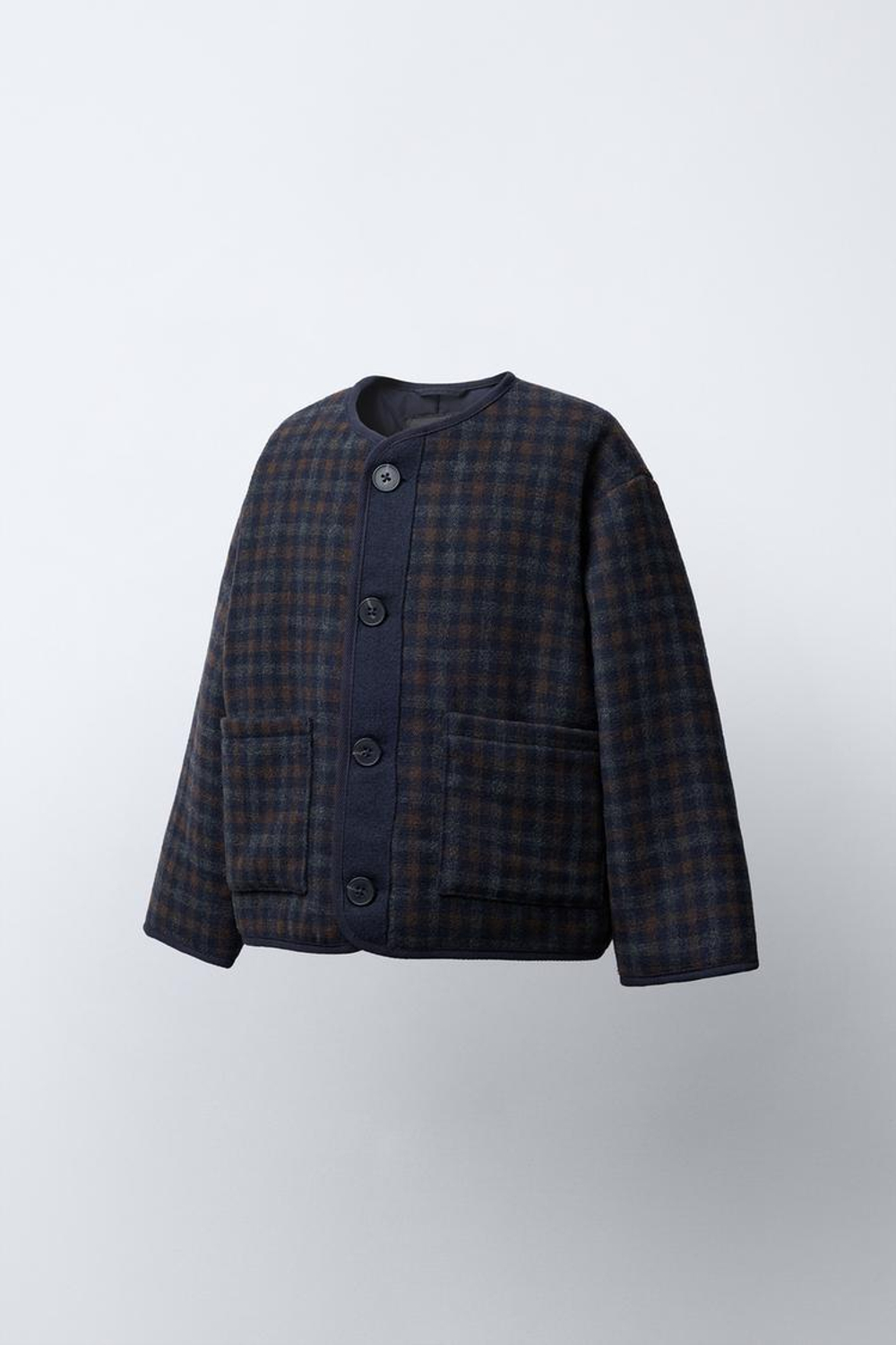 ZARA ПАЛЬТО ИЗ ТЕКСТУРНОЙ ТКАНИ В КЛЕТКУ С ШЕРСТЬЮ, МОРСКОЙ СИНИЙ