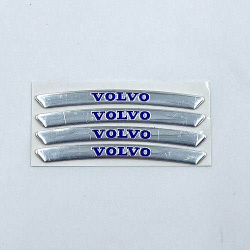 Наклейки Volvo серебристые объемные пластик (шильдик Вольво, 9х0,8см). Серебристые с синей надписью - 4шт в комплекте