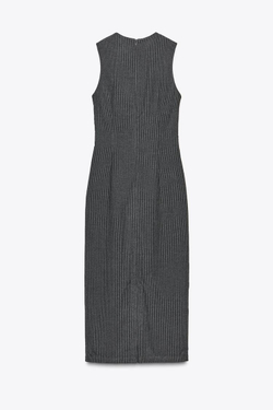 ZARA ПЛАТЬЕ-МИДИ В ПОЛОСКУ С ПРЯЖКОЙ, СЕРЫЙ