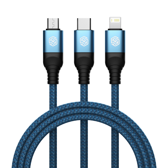 Кабель 3 в 1 в тканевой оплетке синего цвета от Nillkin с разъемами Type C, Lightning и Micro USB, серия Swift Pro, длина 1,5м