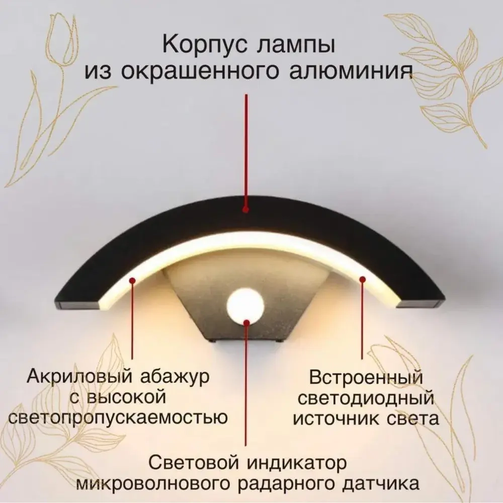 Светильник настенный светодиодный, бра, уличный фонарь с датчиком движения, влагозащищенный IP65,18 Вт, черный 4000K