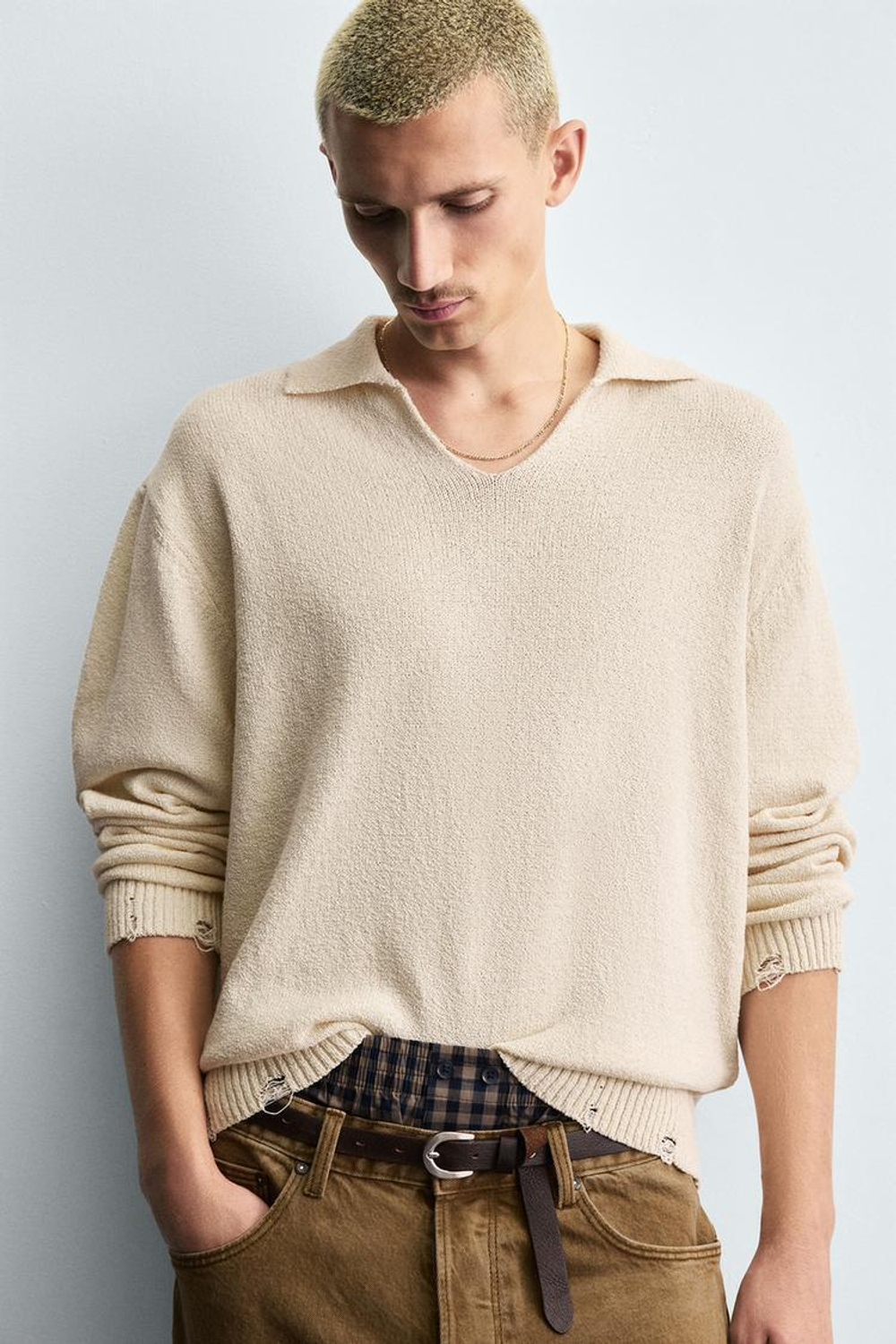 ZARA ТРИКОТАЖНОЕ ПОЛО С ЭФФЕКТОМ ПОТЕРТОСТИ, ЭКРЮ