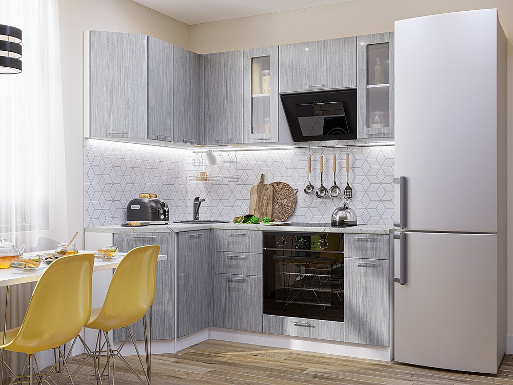 Угловая модульная кухня Валерия-М-04 Серый металлик дождь светлый - Белый 2140*1300/2000*600
