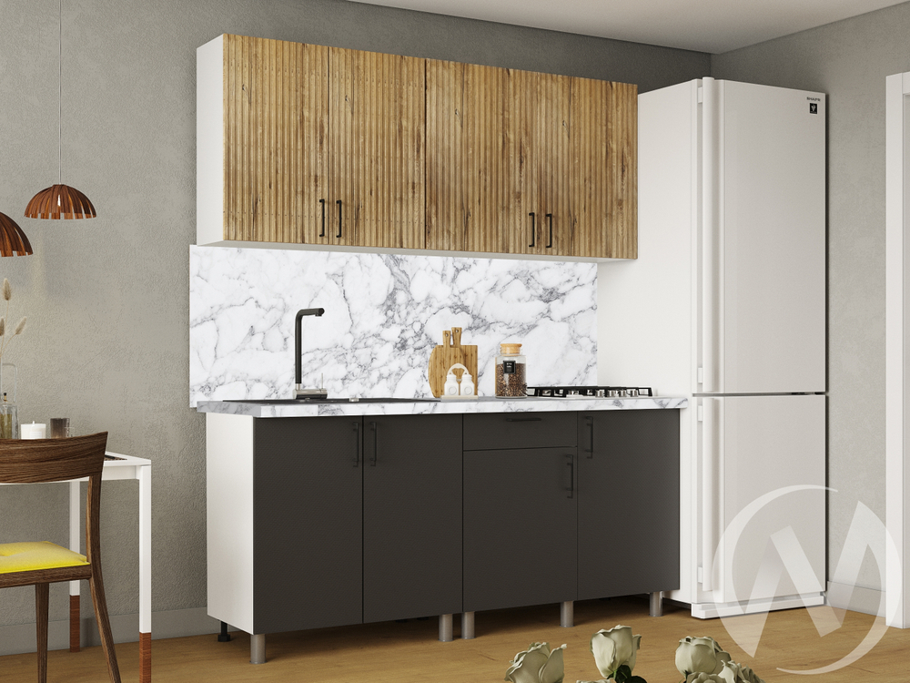 Кухня Грейс 1.8м (корпус белый/дуб канадский; карбон вулкан) 38мм мрамор итальянский