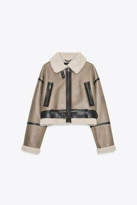 ZARA КОРОТКАЯ КУРТКА-ДУБЛЕНКА, СЕРО-КОРИЧНЕВЫЙ