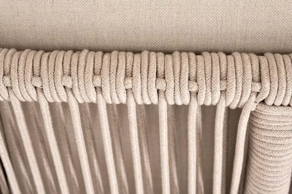 "Канны" угловой модуль плетеный из роупа, основание дуб, роуп бежевый круглый, ткань бежевая 052