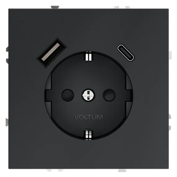 Розетка встраиваемая VOLTUM S70 с заземлением и защитными шторками, 16А, с USB, A+С, (графит) vls040507