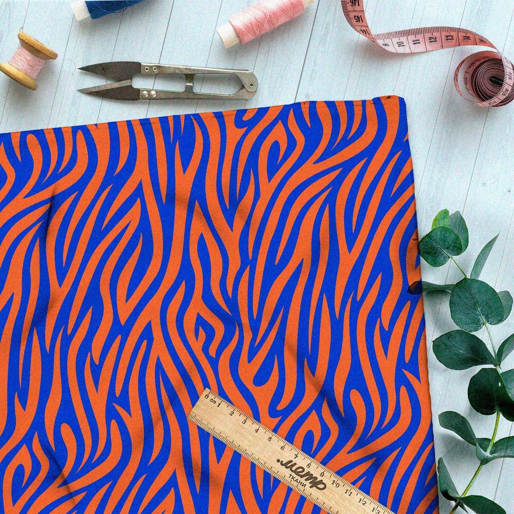 Ткань габардин оранжево-синий тигр