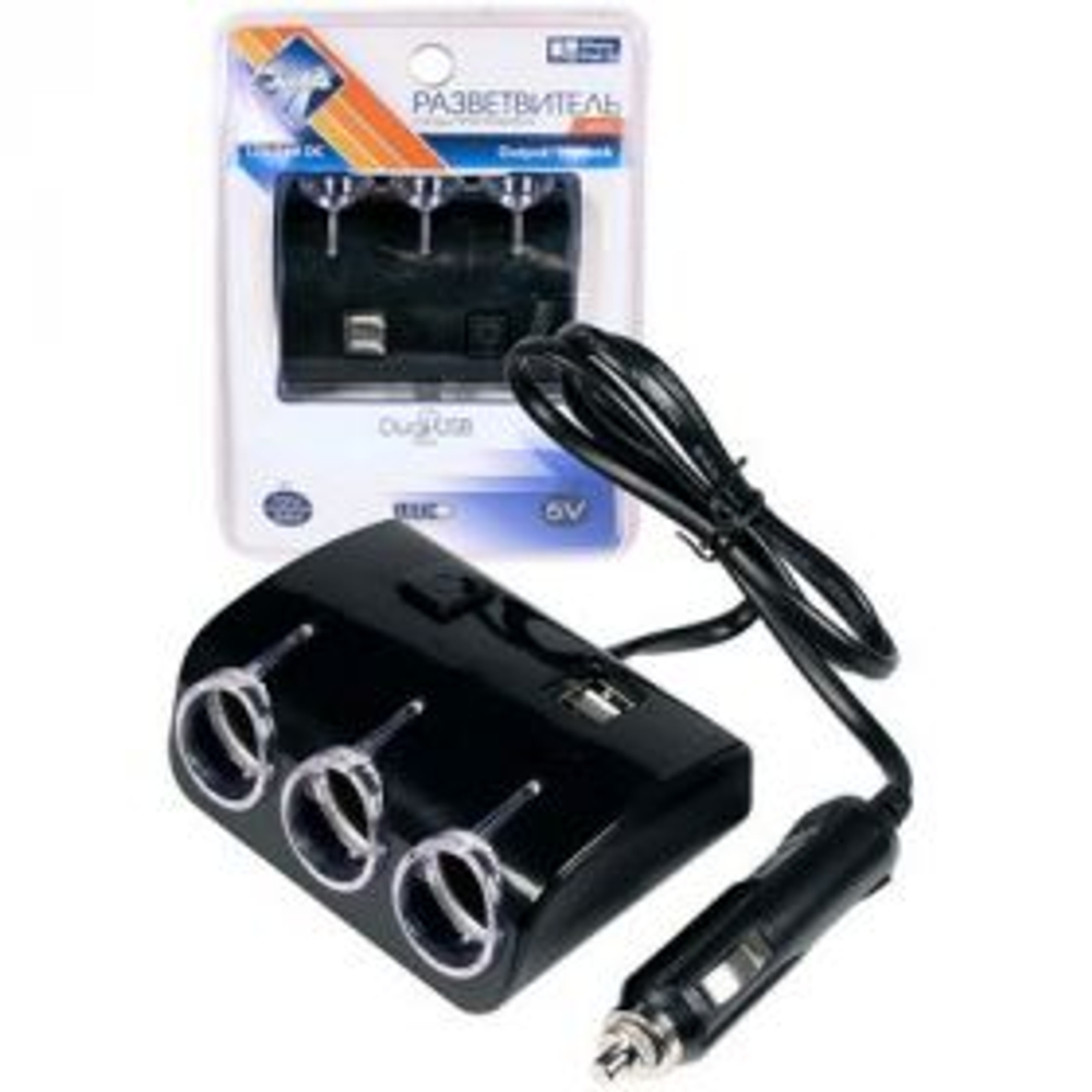 Разветвитель прикуривателя 3гнезда + 2USB+ провод Nova Bright 46902