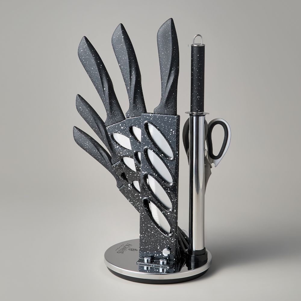 НАБОР НОЖЕЙ AGNESS С НОЖНИЦАМИ И МУСАТОМ НА ПЛАСТИКОВОЙ ПОДСТАВКЕ, 8 ПРЕДМЕТОВ