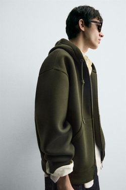 ZARA ХУДИ С КАПЮШОНОМ ИЗ НЕОПРЕНА, ТЕМНО-ЗЕЛЕНЫЙ
