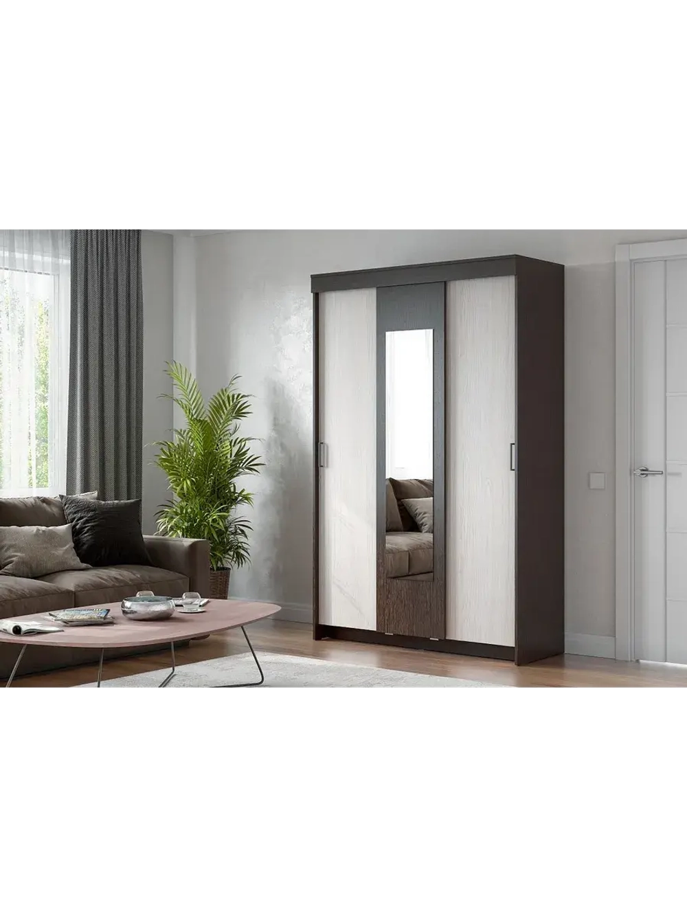 Шкаф-купе с зеркалом Ясень Анкор Светлый 130х50х201 см