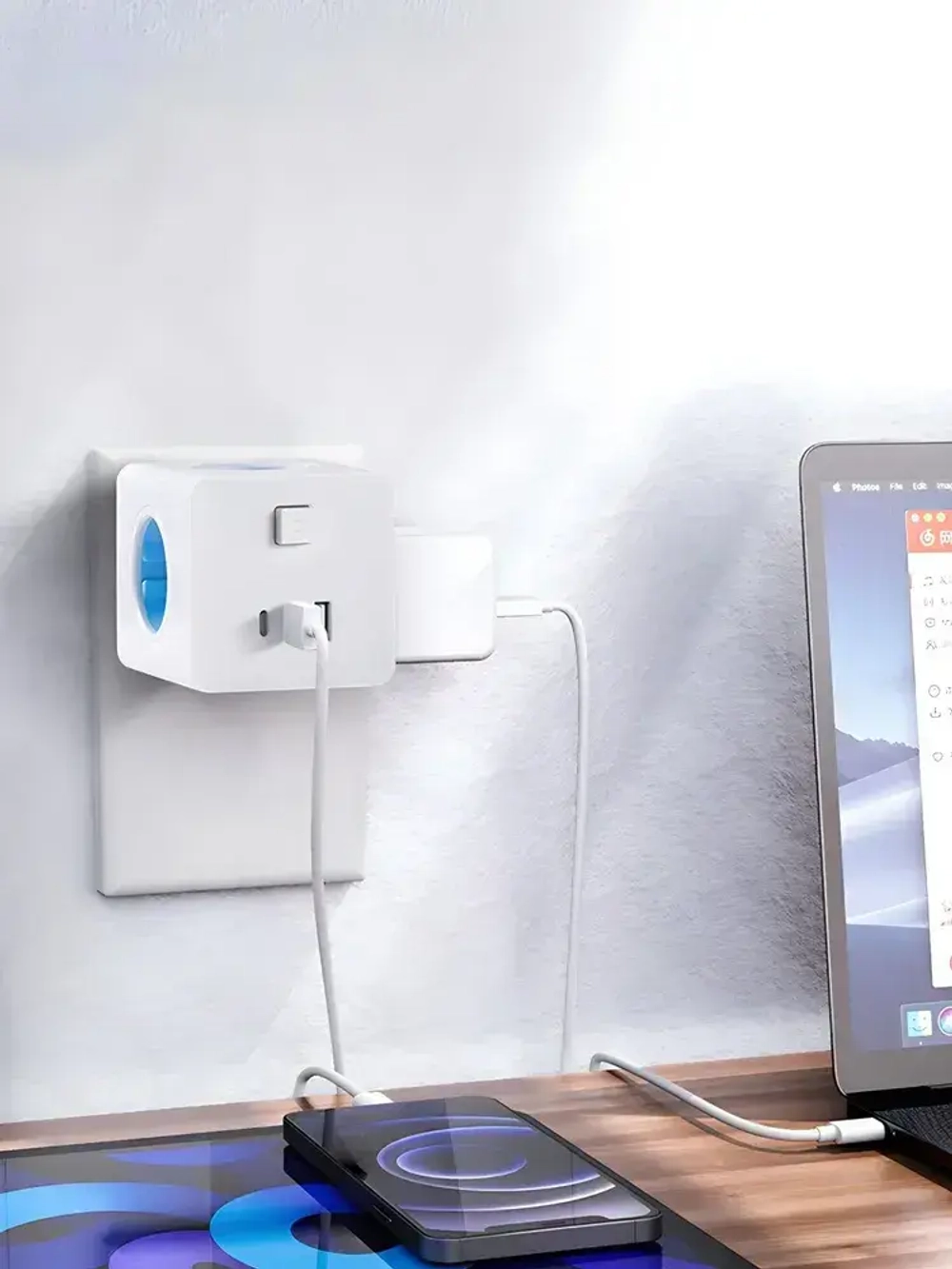 Тройник для розетки на 4 гнезда, 2 USB и 1 type C быстрая зарядка, разветвитель в розетку сетевой фильтр