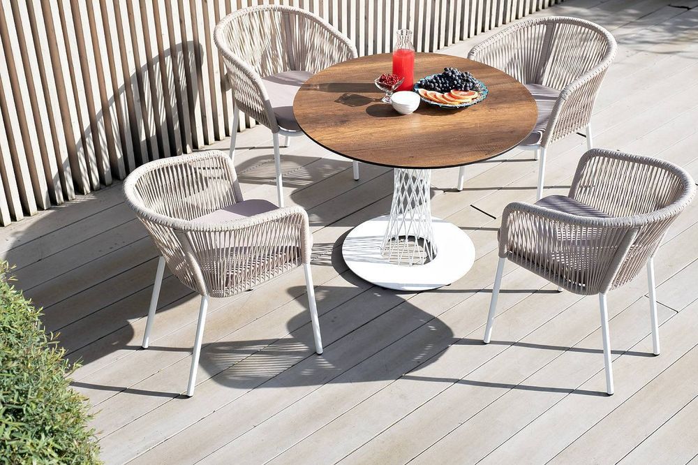 "Марсель" стул плетеный из роупа, каркас алюминий белый муар, роуп бежевый круглый, ткань бежевая 035