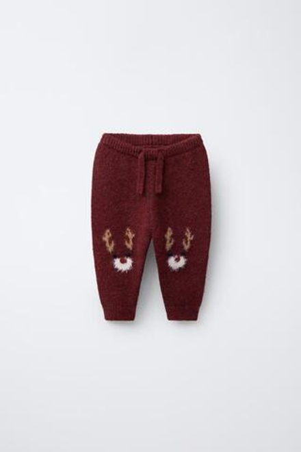 ZARA ТРИКОТАЖНЫЕ БРЮКИ-ДЖОГГЕРЫ С ОЛЕНЕМ, БУРГУНДИ