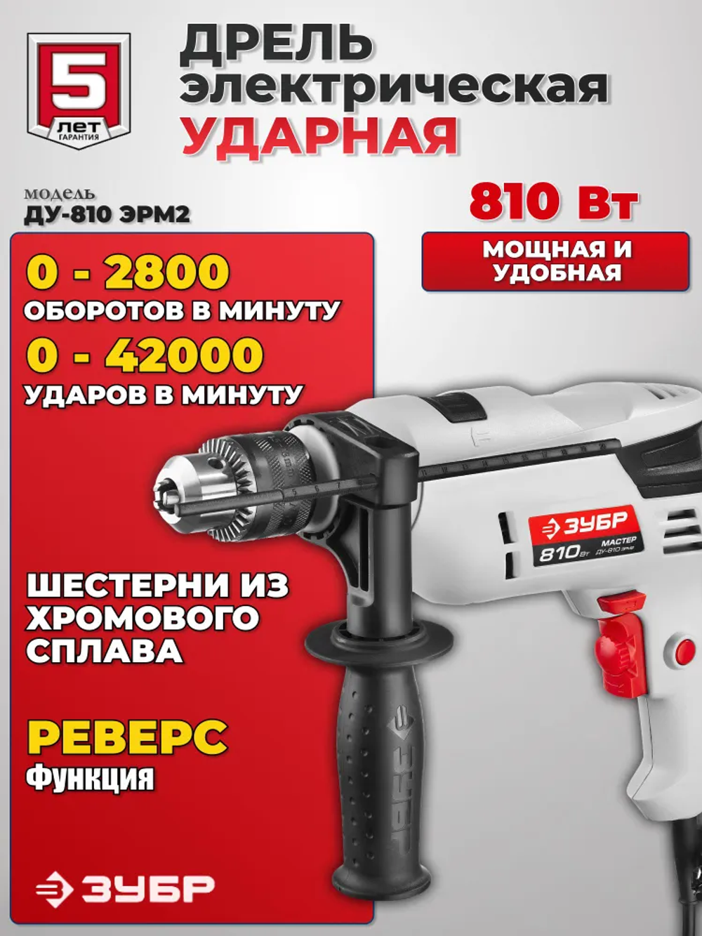 Дрель электрическая, ударная, 810 Вт.