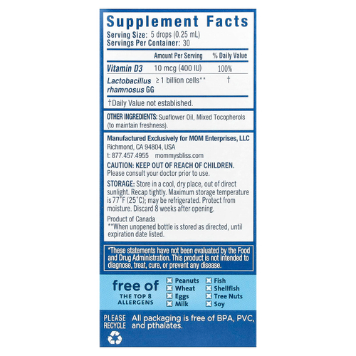 Mommy's Bliss, пробиотические капли для малышей с витамином D, с рождения, 10 мл (0,34 жидк. унции)