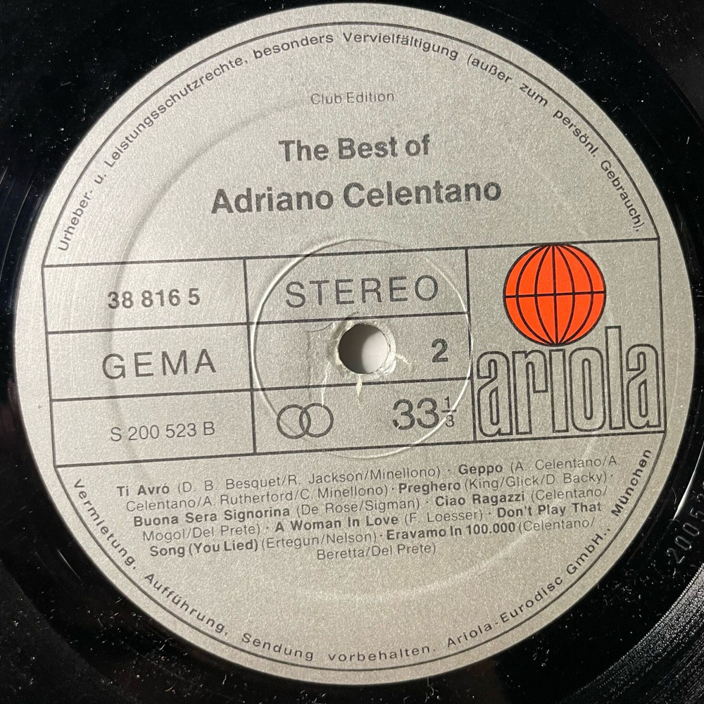 Винтажная виниловая пластинка LP Adriano Celentano The Best Of (Germany 1979) Azzurro