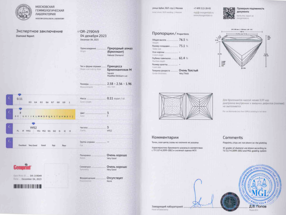 Бриллиант П-65 (Принцесса 2.60 х 2.60 мм, 0.11 ct, 3/5)