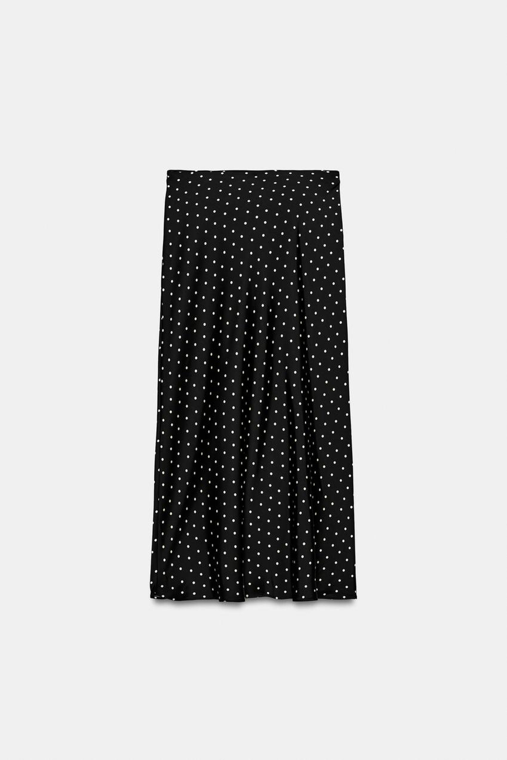 ZARA АТЛАСНАЯ ЮБКА МИДИ В ГОРОШЕК, ЧЕРНЫЙ/БЕЛЫЙ