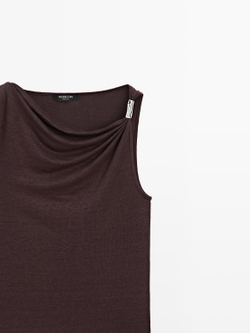 Massimo Dutti Топ с драпировкой и стразами, коричневый