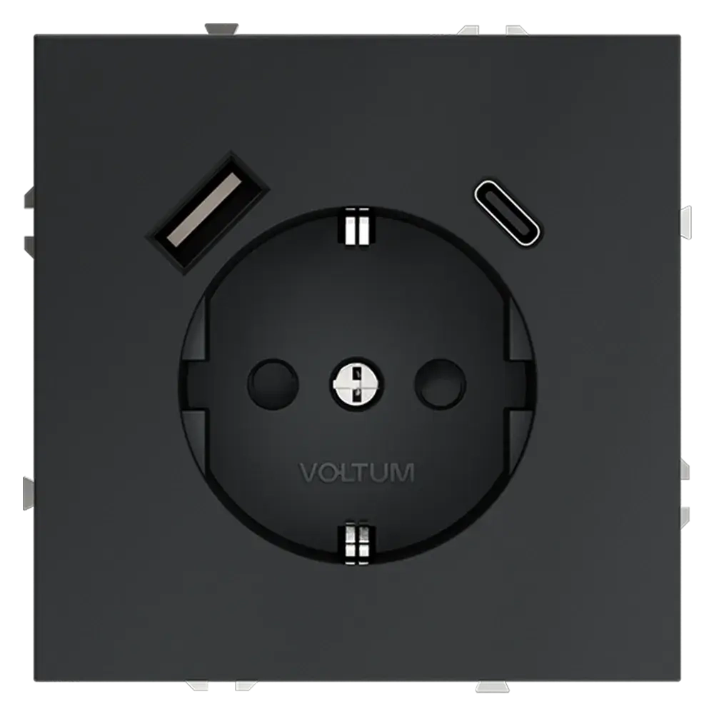 Розетка встраиваемая VOLTUM S70 с заземлением и защитными шторками, 16А, с USB, A+С, (графит)