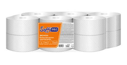 Однослойная белая туалетная бумага SoffiPRO Econom, Артикул 10901494, 200 м., 12 рулонов.